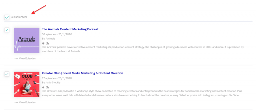 select all podcast opportunities