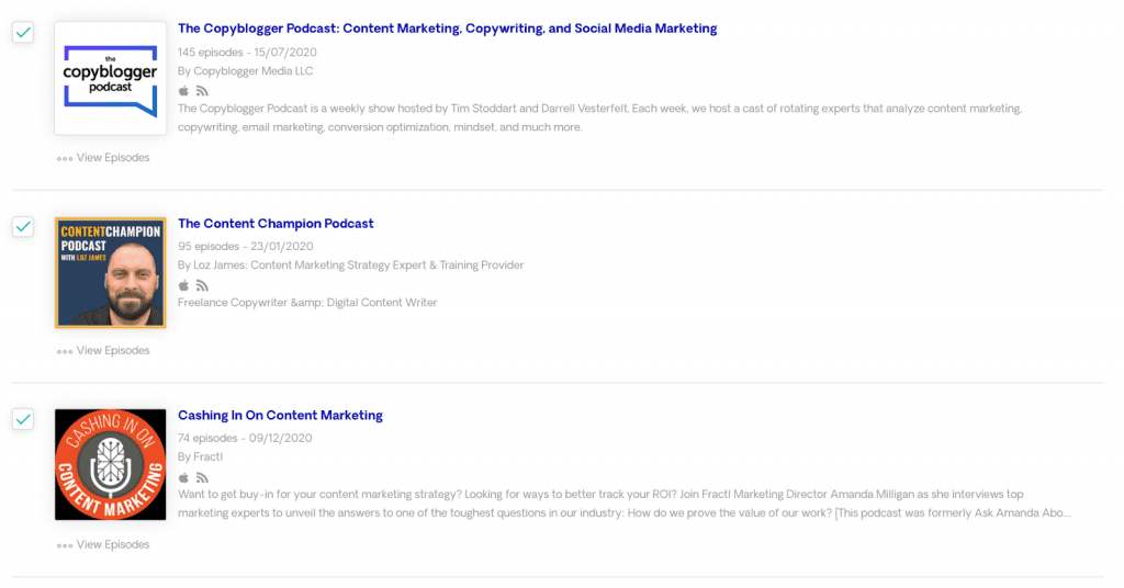Selecting podcasts in Respona