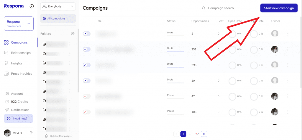 Creating a campaign inside Respona