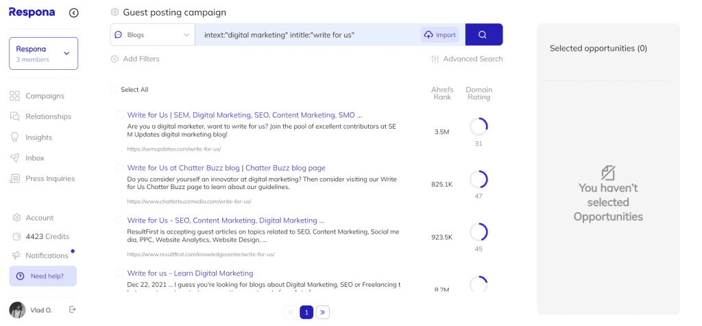 Respona search results