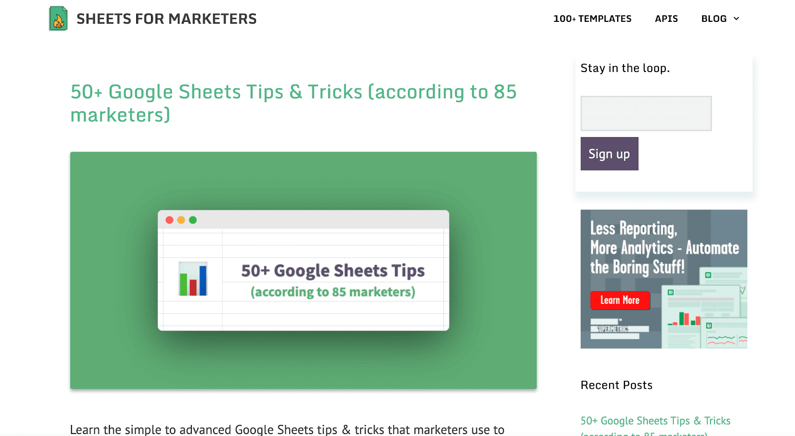 Sheets for Marketers blog page