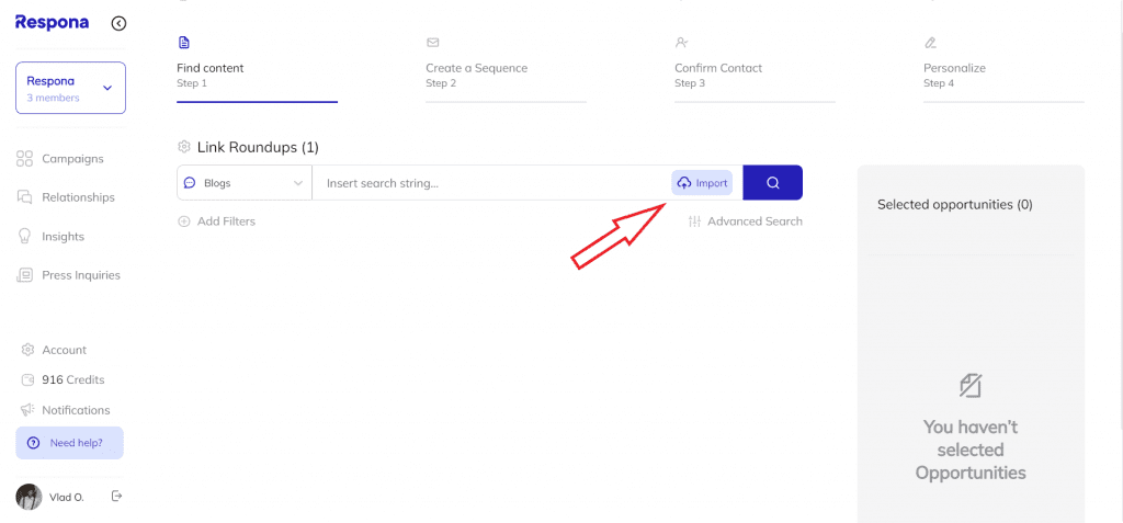 Respona import .CSV button