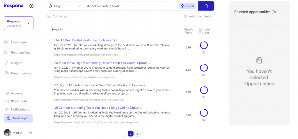 Respona search results