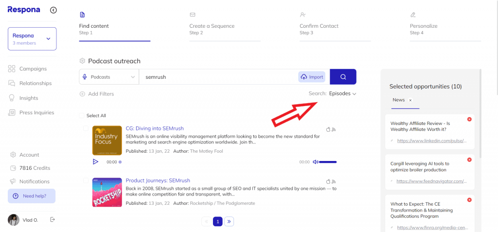 Podcast episodes search