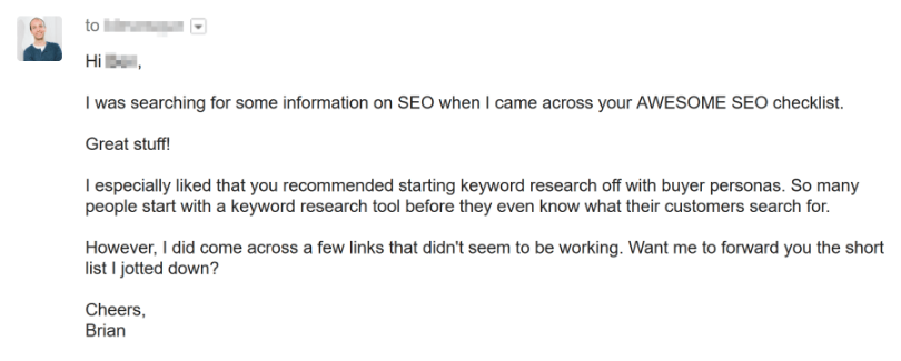 Broken Link Building Email by Brian Dean