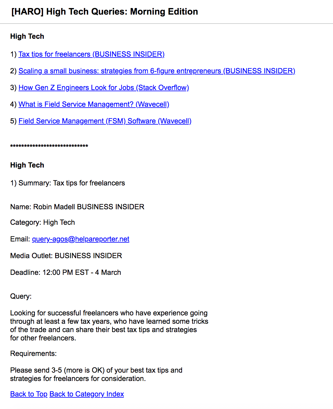 HARO Email