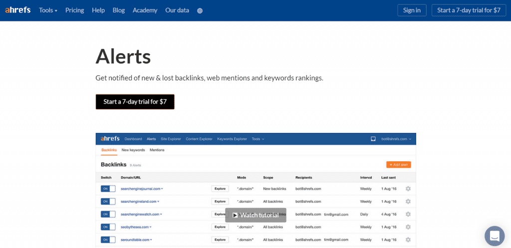 Ahrefs Alerts home page