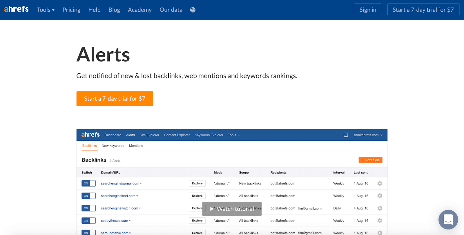 Ahrefs alerts home page