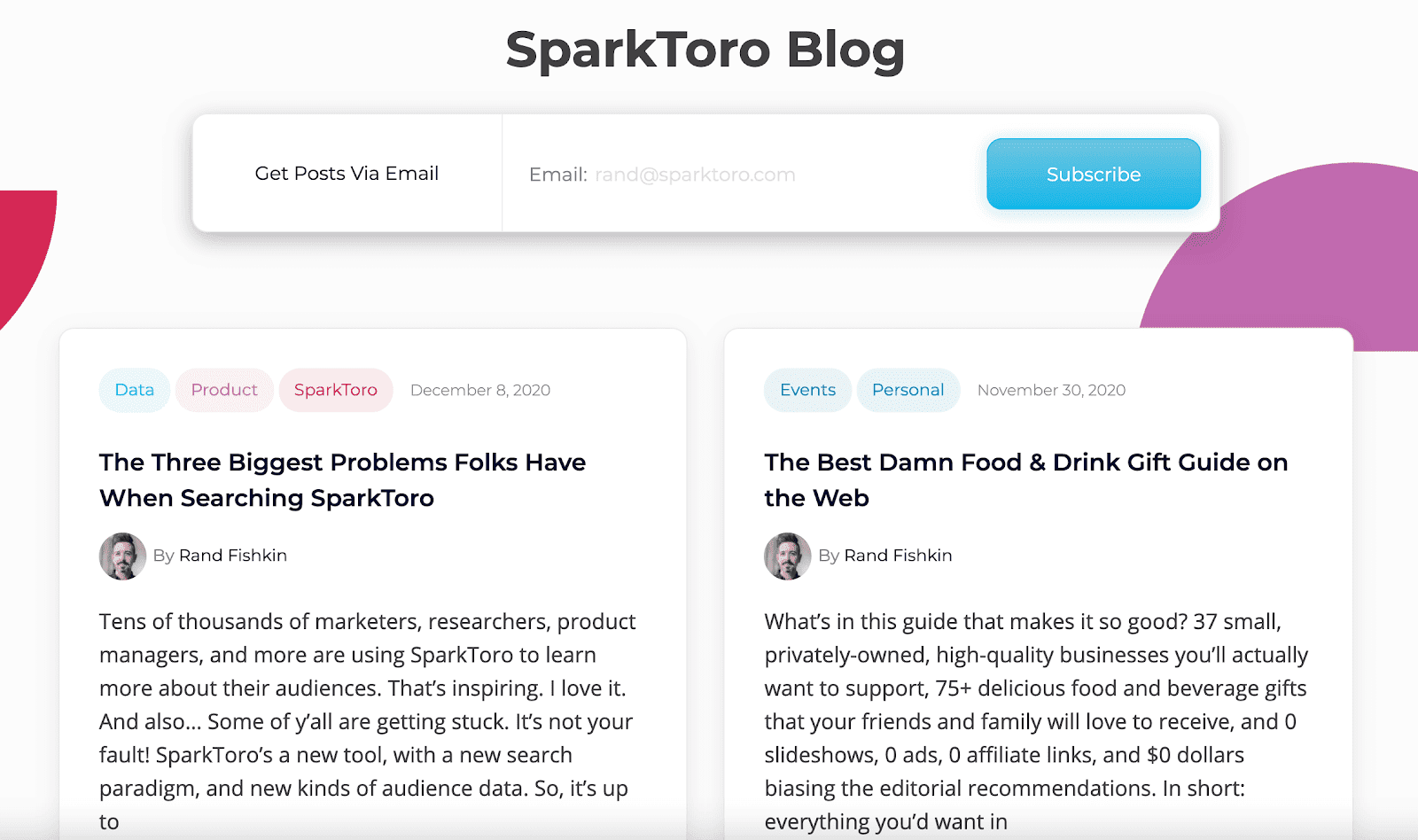 SparkToro blog page