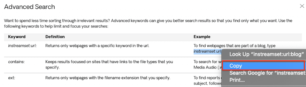 Copying the advanced search command
