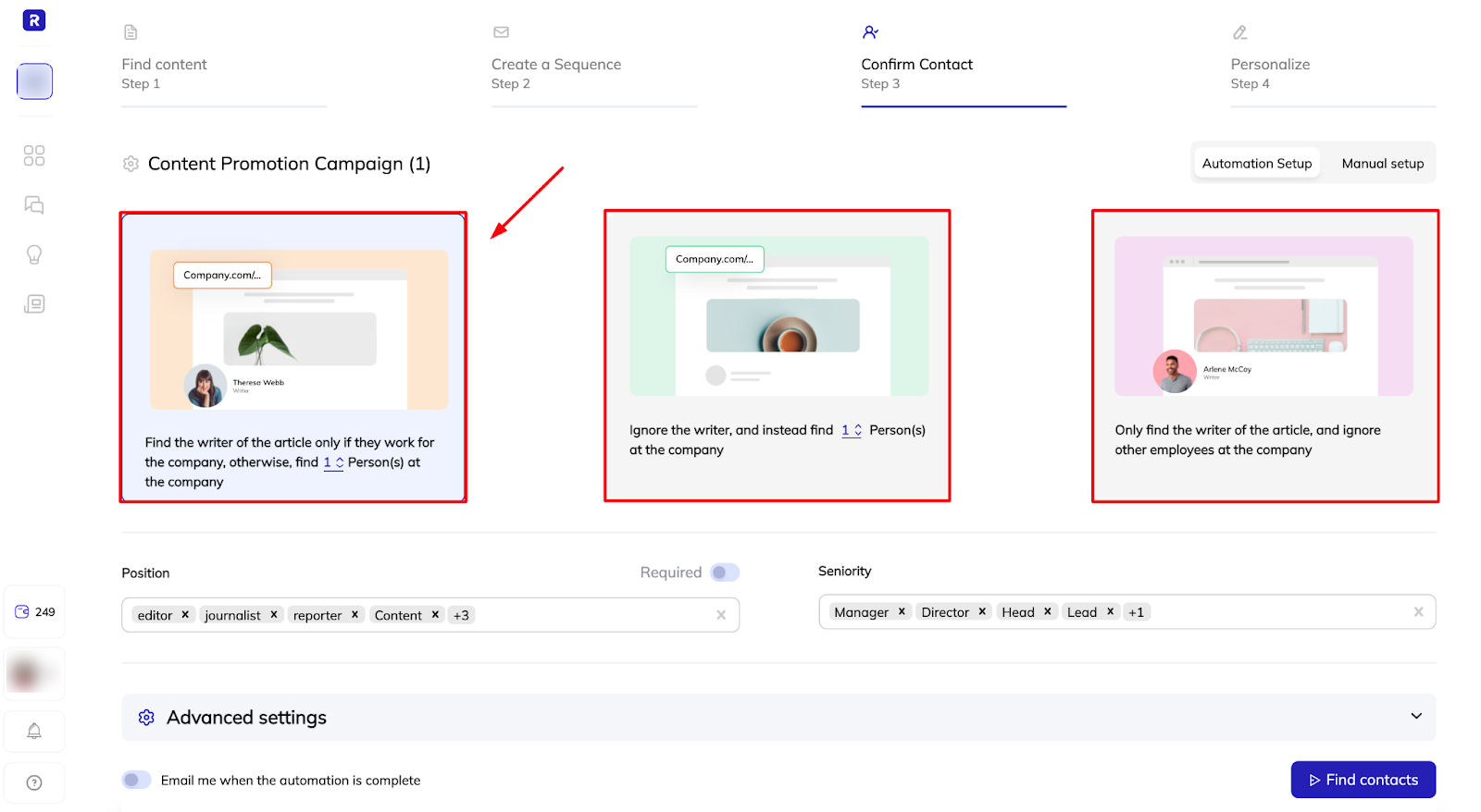 Selecting a contact automation