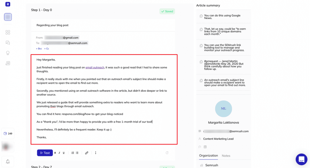 Personalized link building message