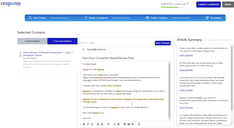 Personalizing an email pitch in Respona using the article summary feature.
