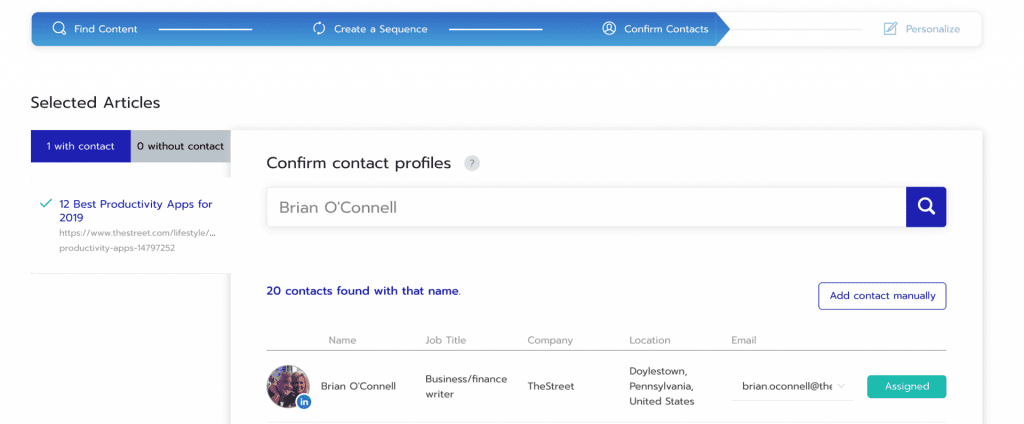 Respona contact search results to get the email addresses of journalists.