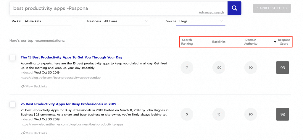 Respona content search results to start a PR campaign.