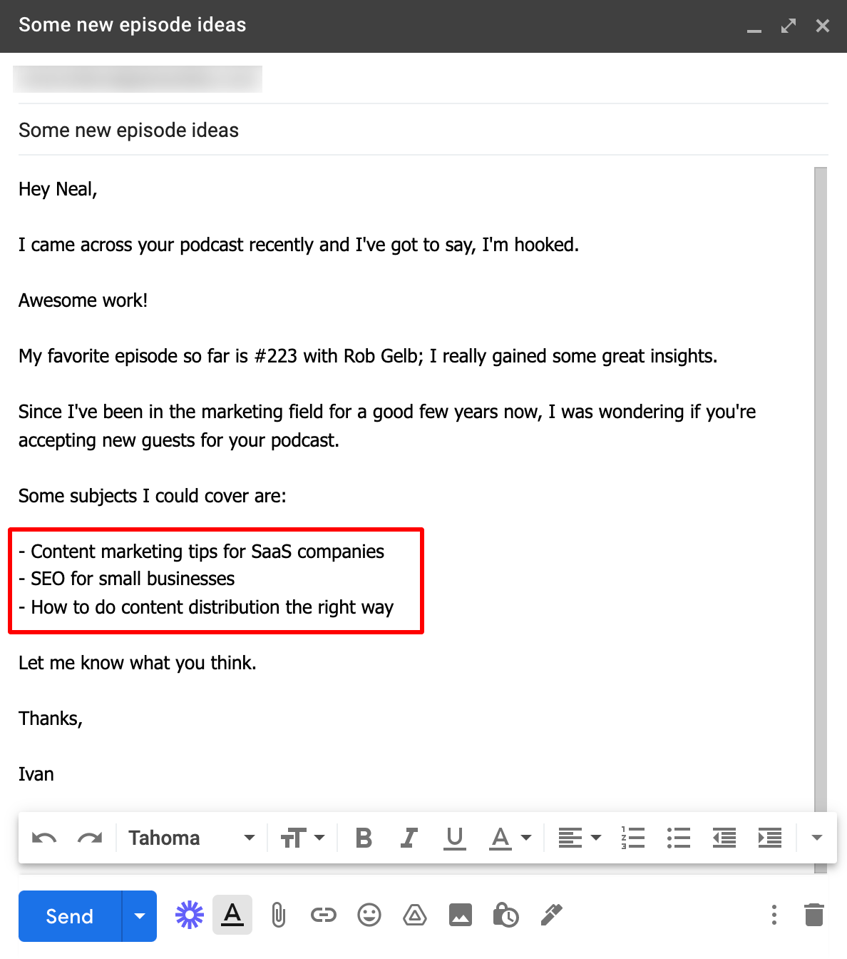 Podcast email pitch with topic examples