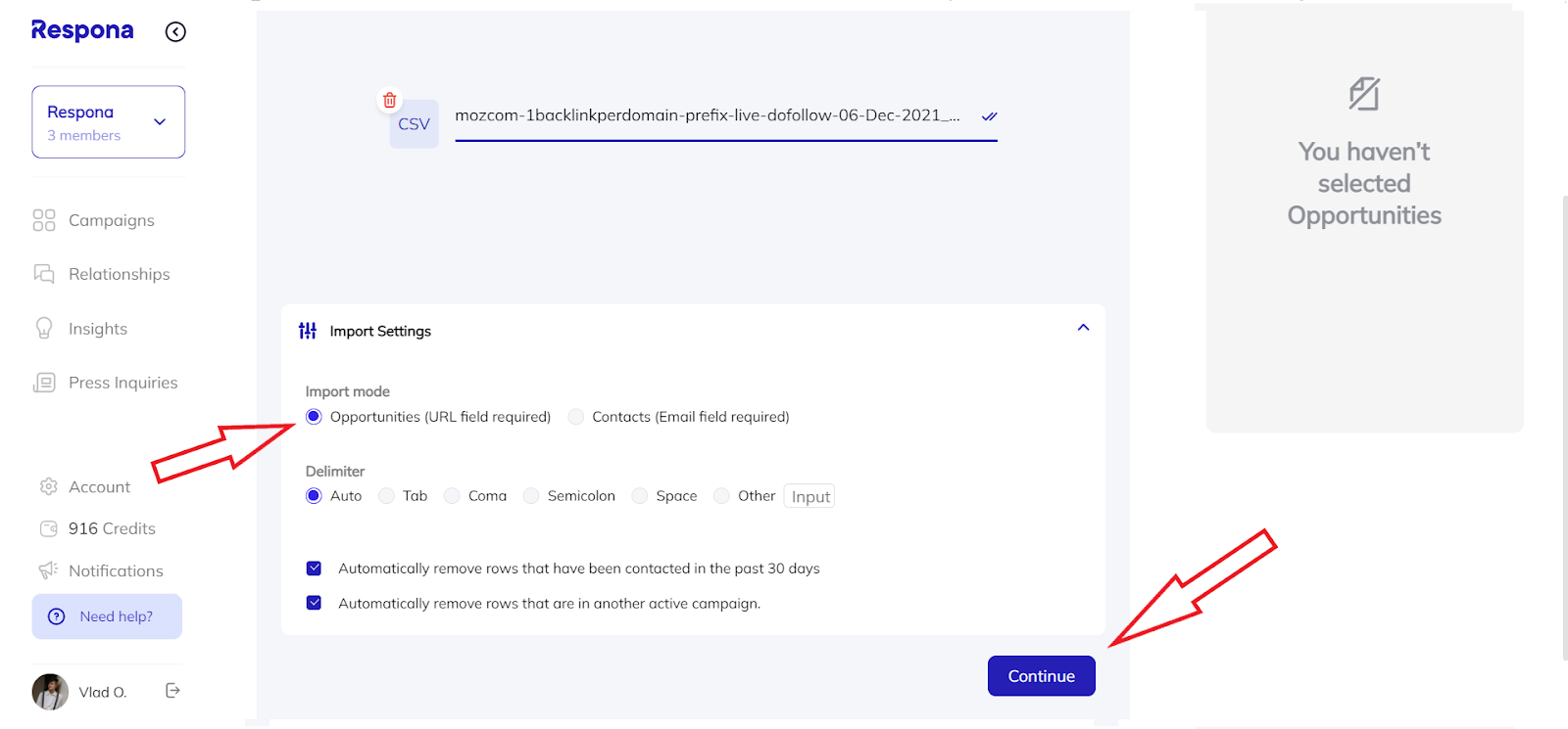 Selecting import mode in Respona