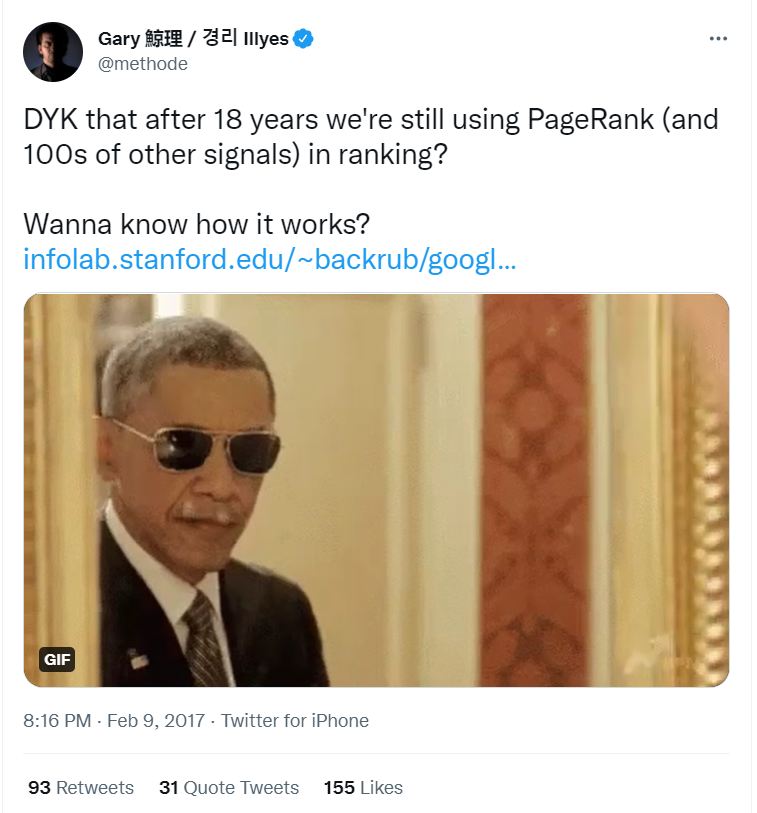 Google's tweet on still using pagerank