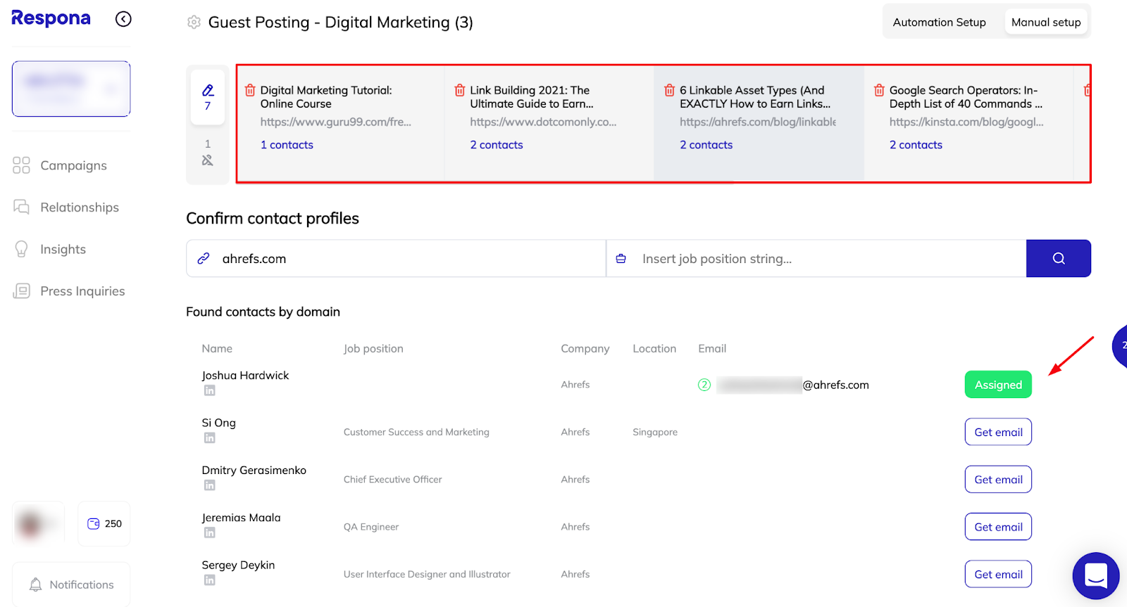 Assigned contact information
