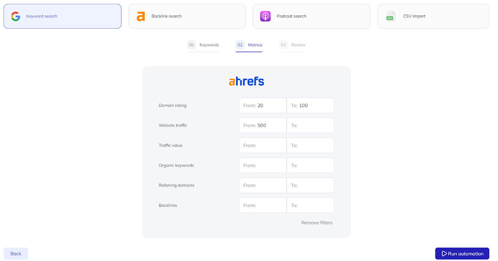 setting additional ahrefs filters in respona