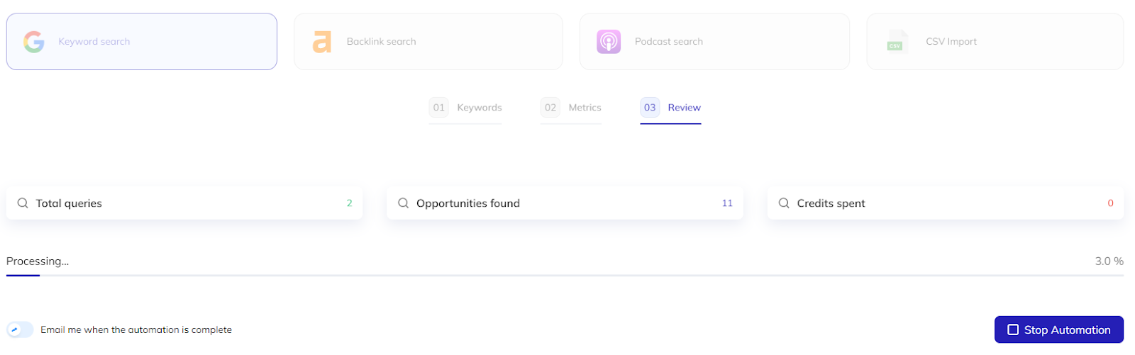 respona keyword search in progress