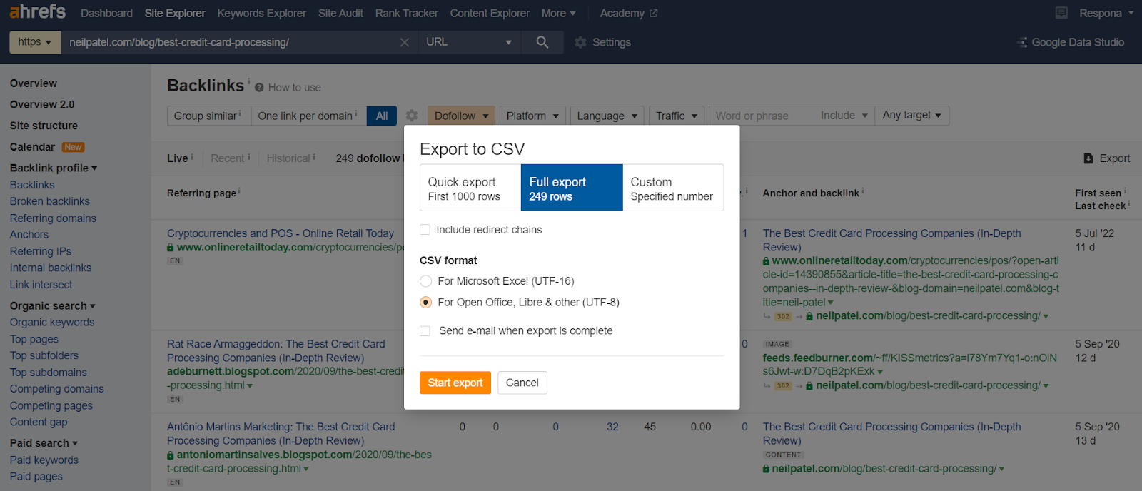 exporting a .CSV from ahrefs