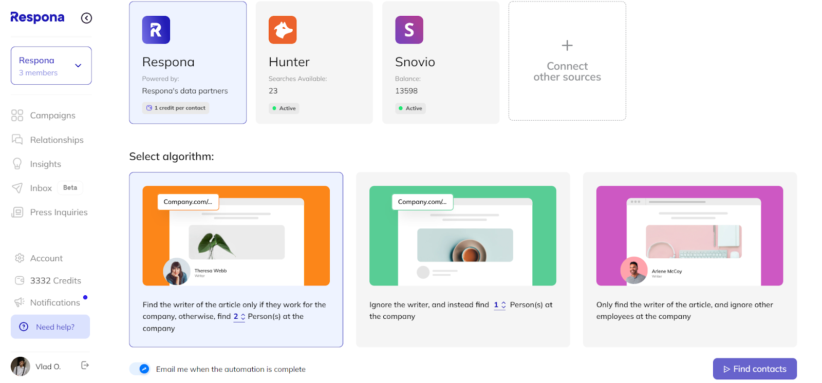setting up the contact search automation in respona