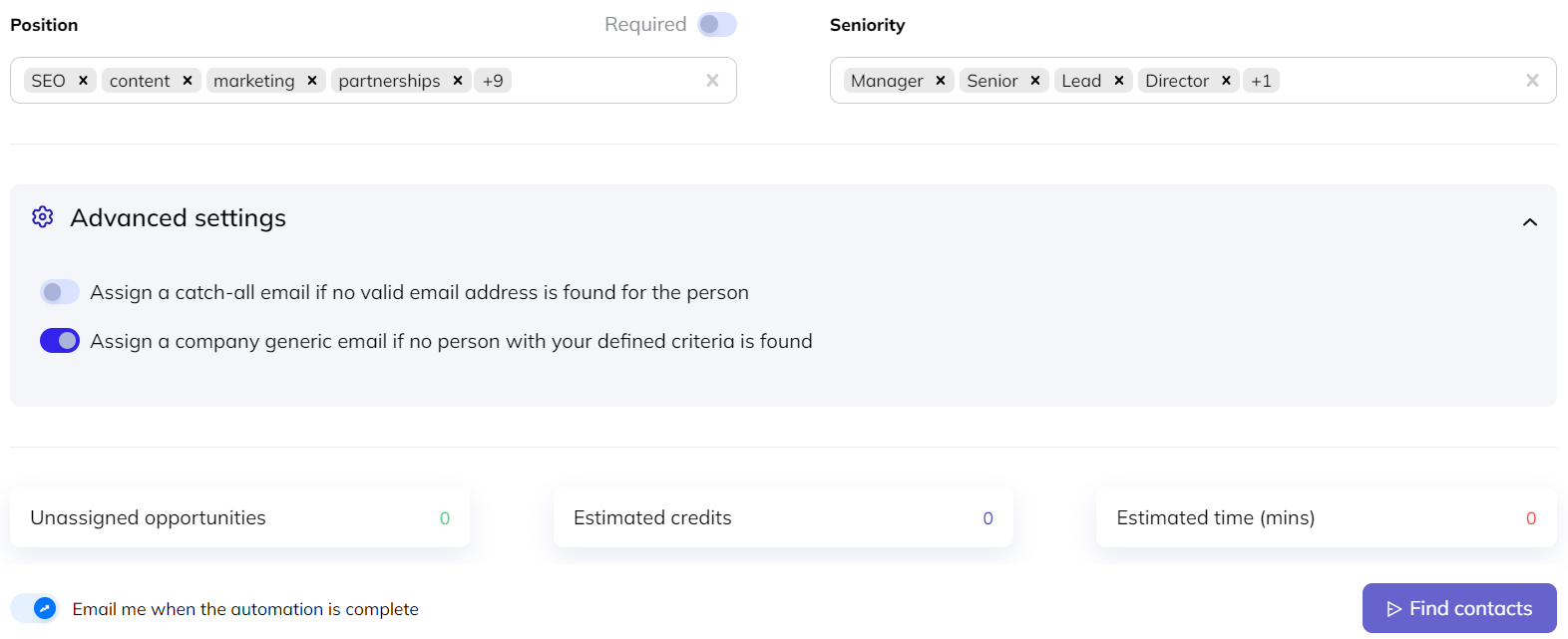 contact search automation advanced settings