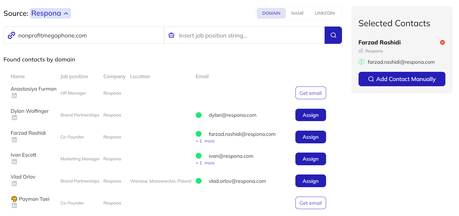 respona contact search results