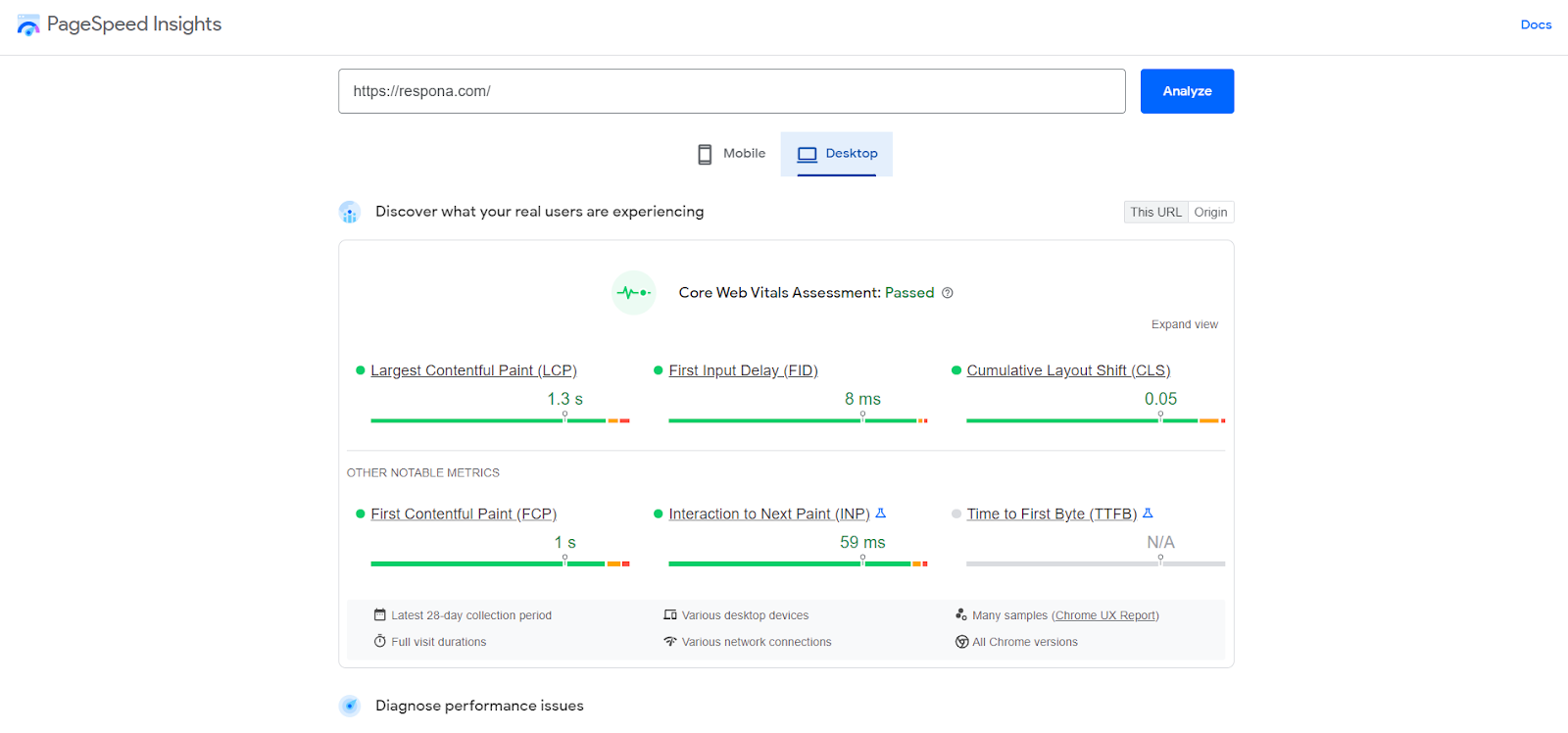 google pagespeed insights for respona