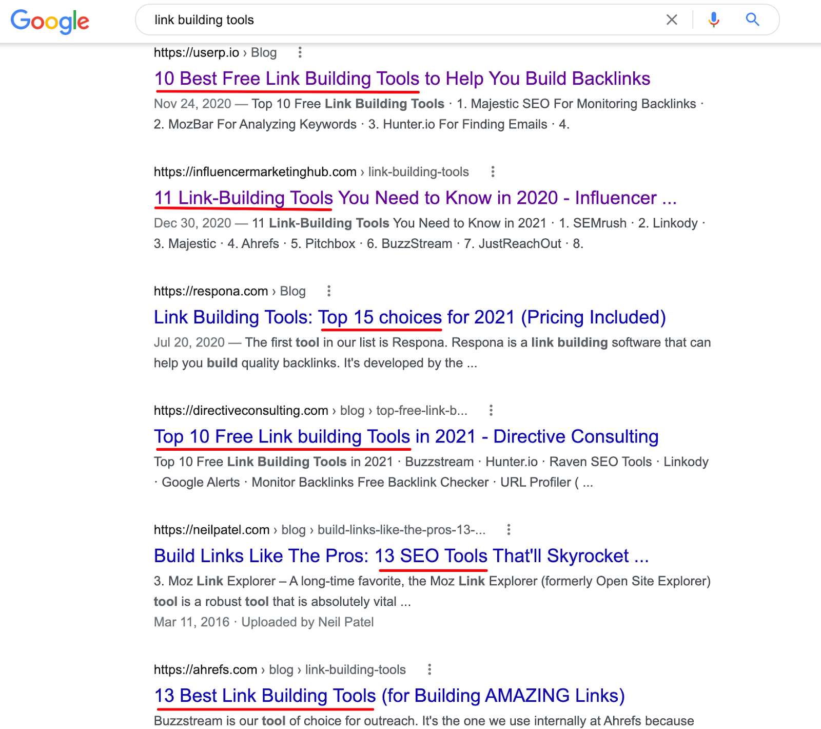 Google search results
