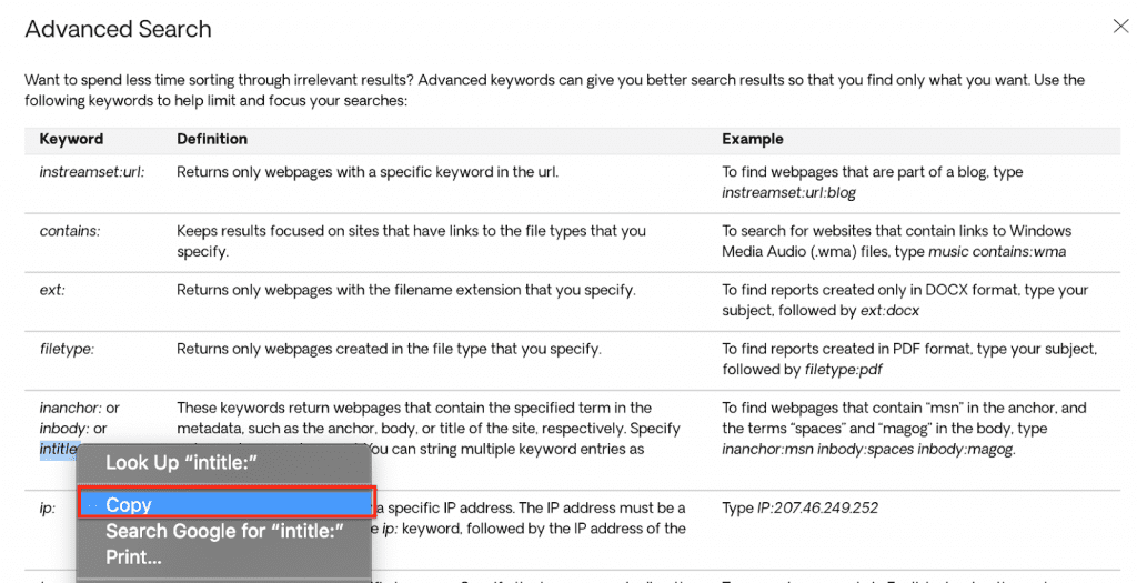 Selecting the intitle command