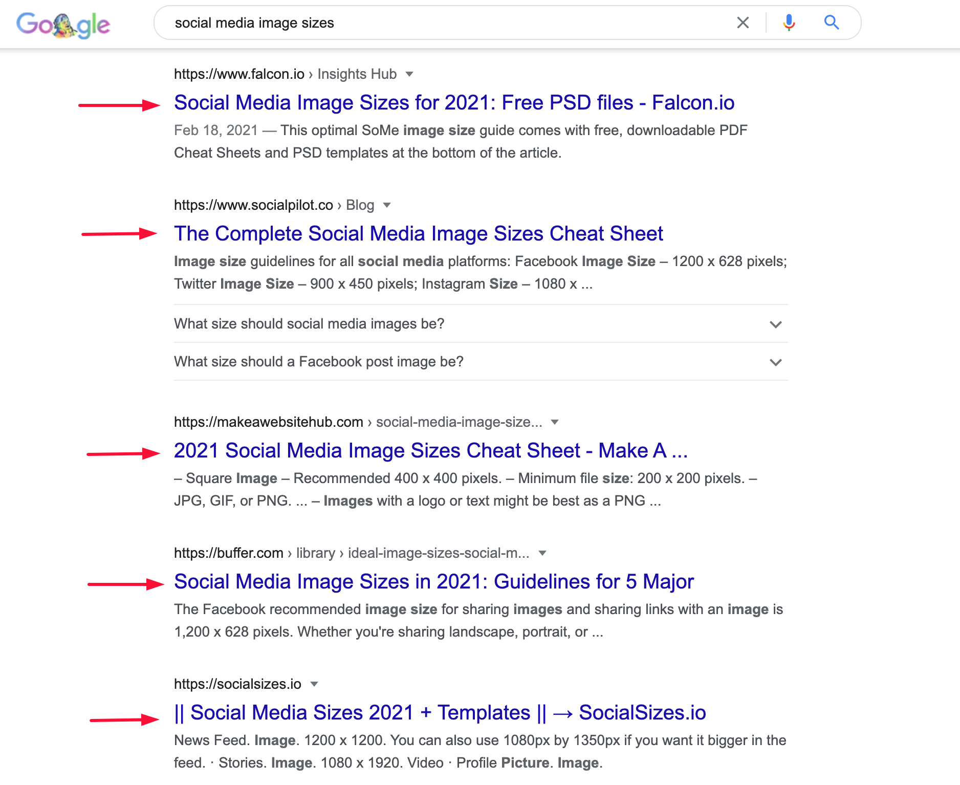 User intent example for social media image sizes