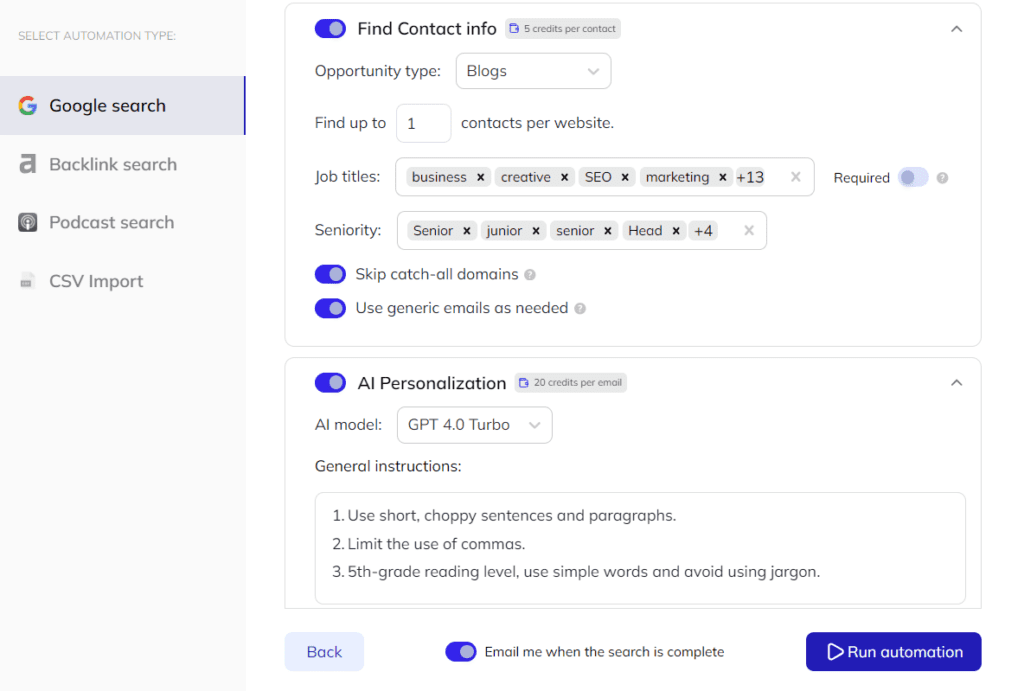 setting up contact search and AI personalization