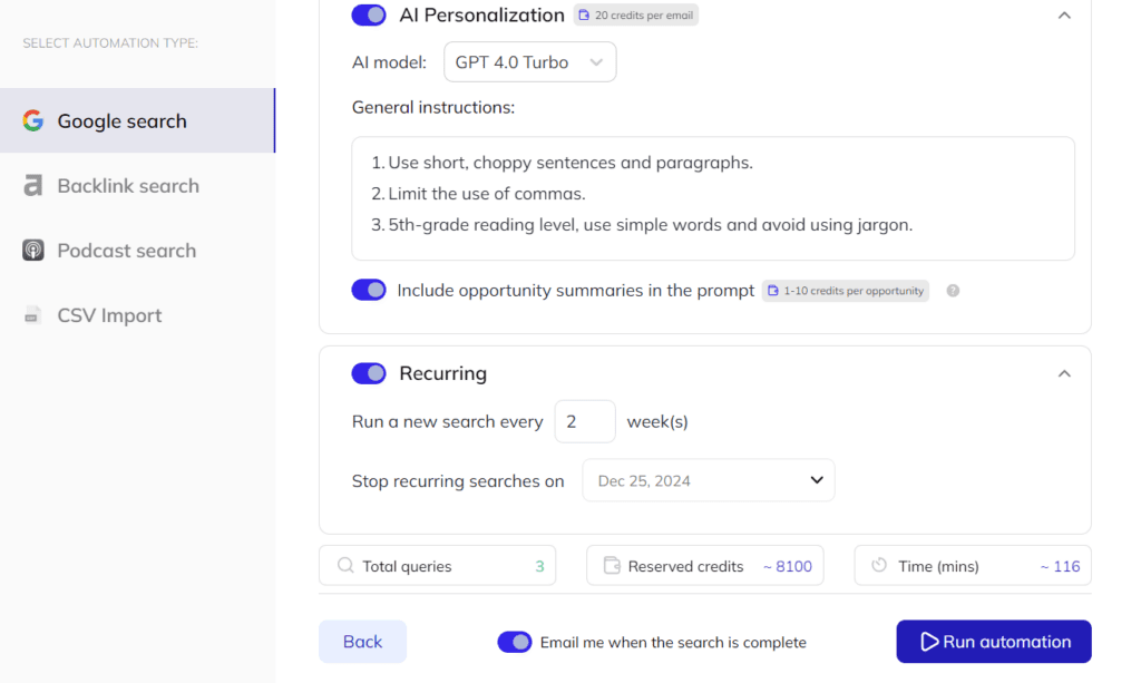 AI personalization settings and recurring seaarch