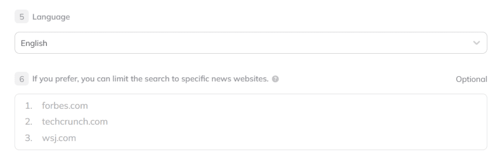 language and optional news website fields