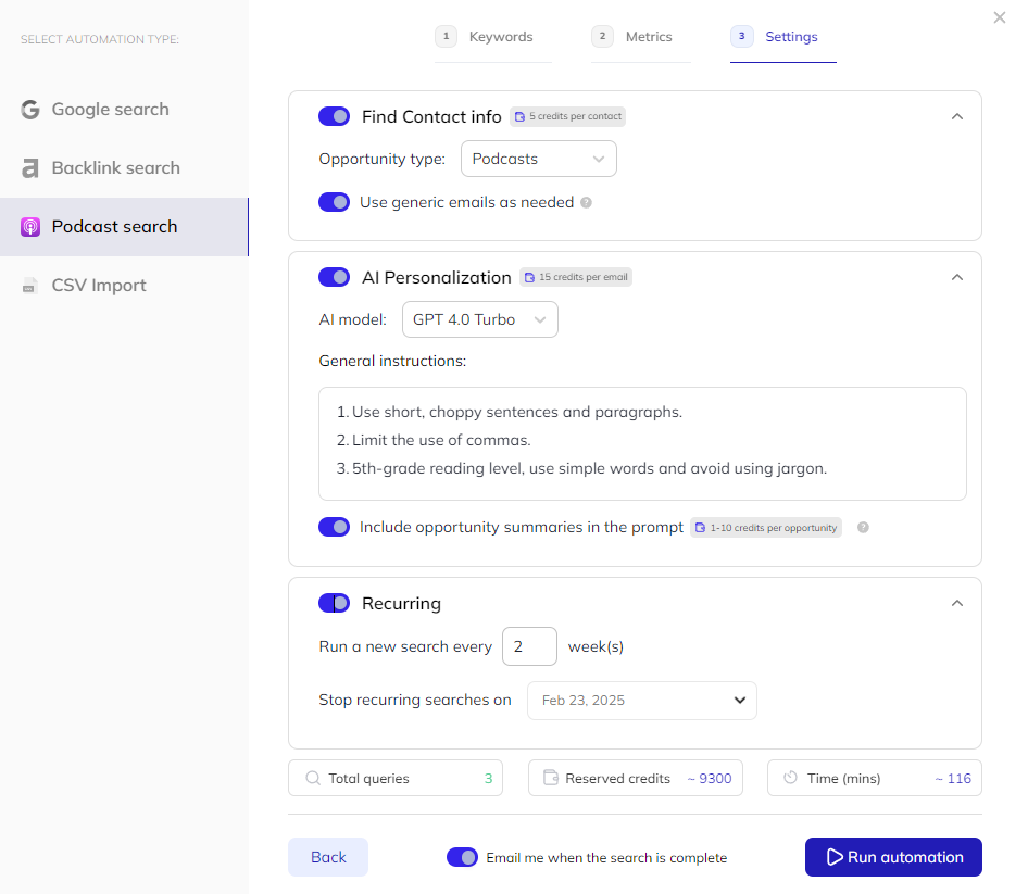 contact finder, ai personalization and recurring campaign settings