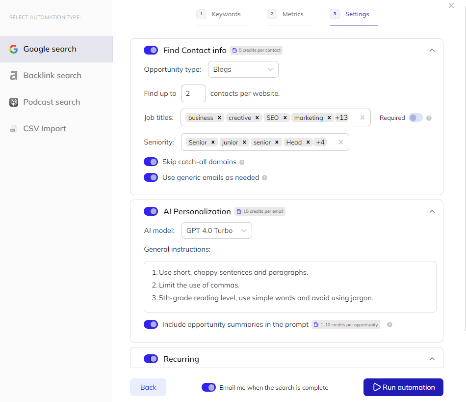 contact finder, ai personalization and recurring serach settings