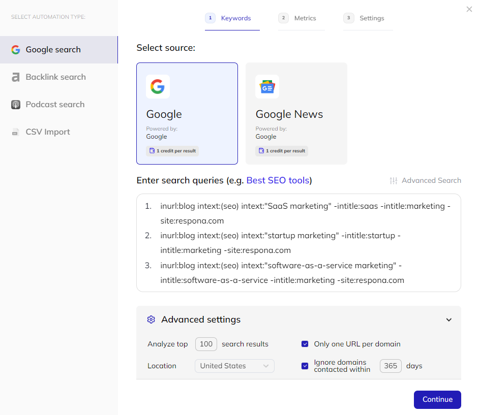 link insertion search engine settings