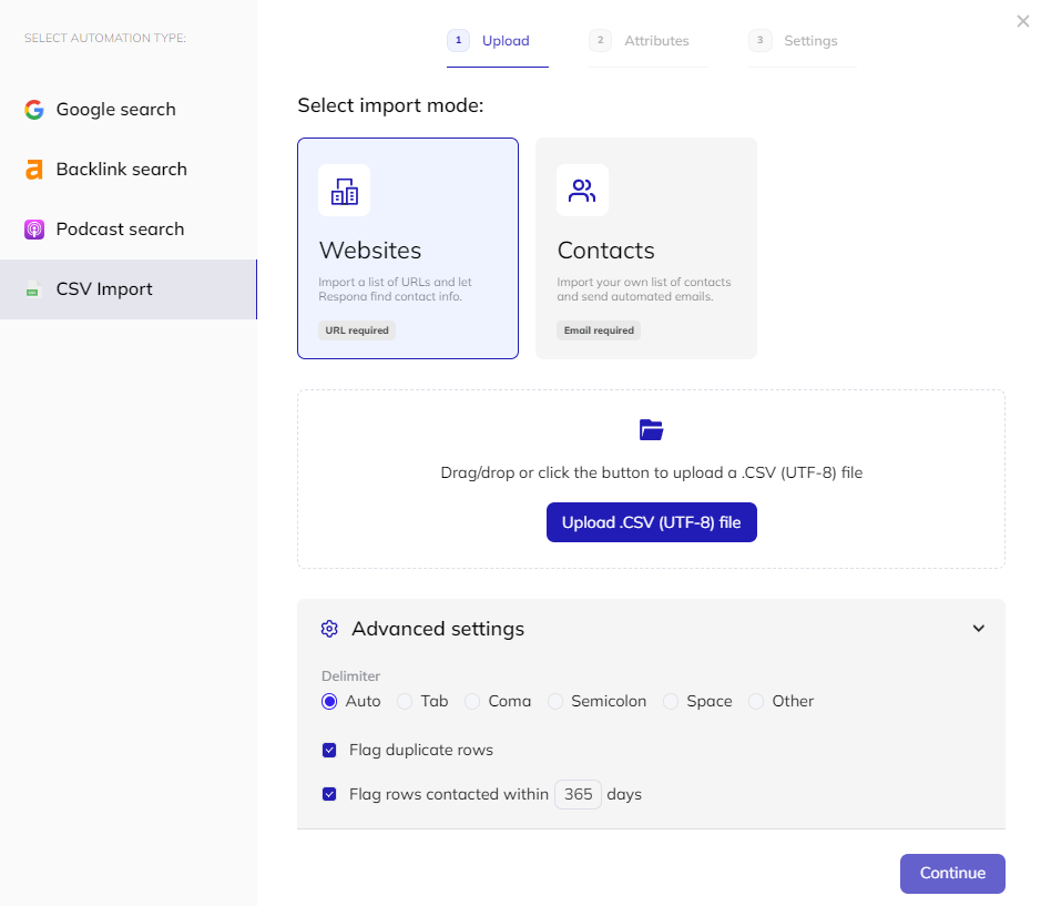 uploading a .csv into respona