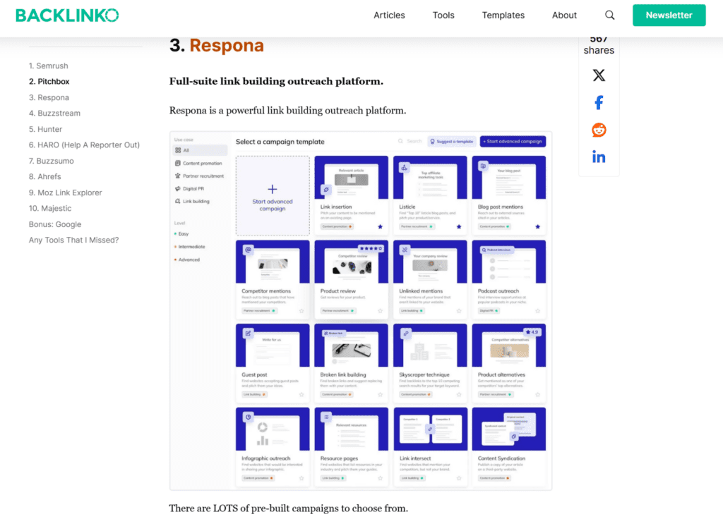 respona listicle placement on backlinko's top link building tools article