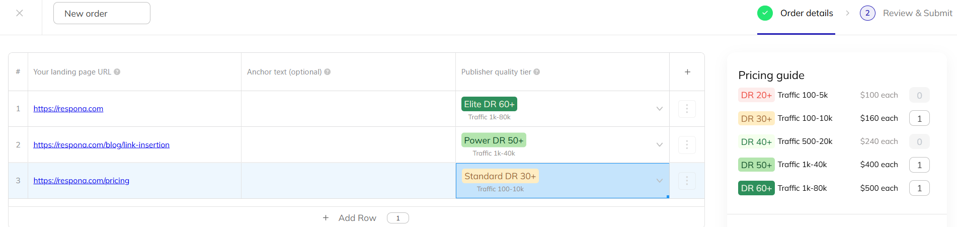 placing an order in respona