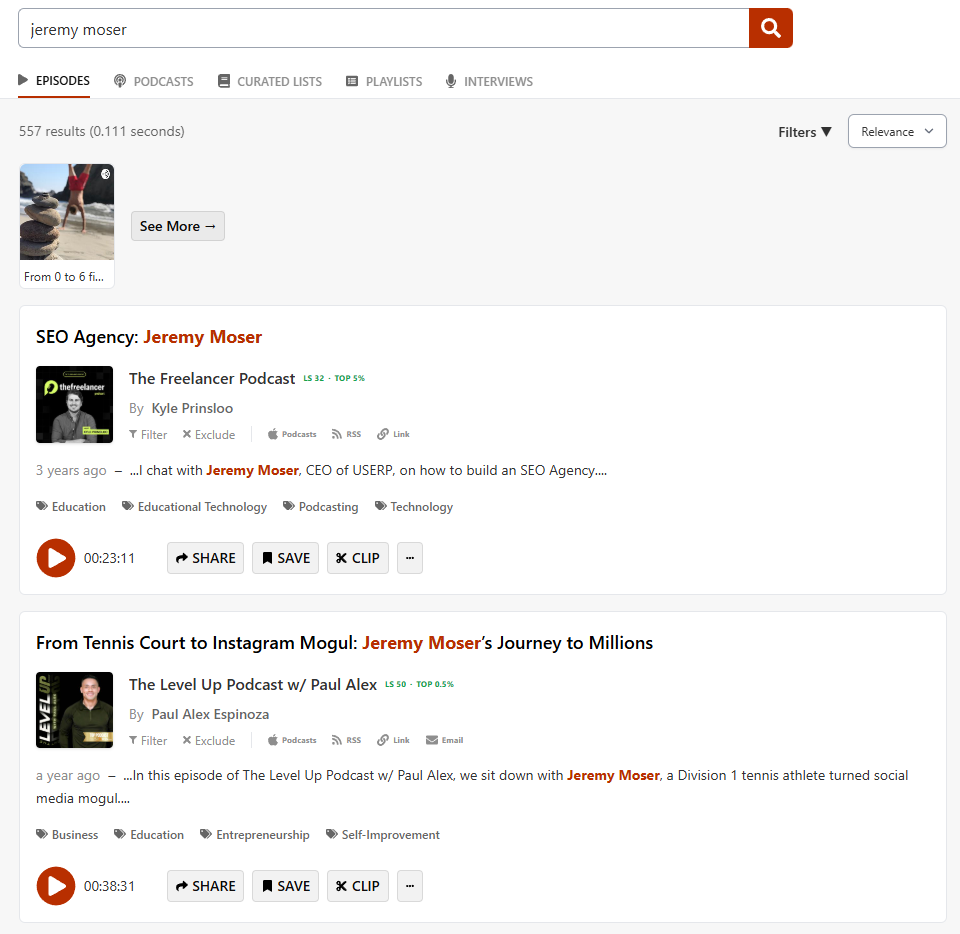 finding episode appearances with listen notes