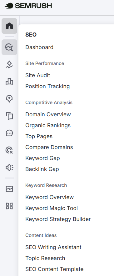 semrush one side menu