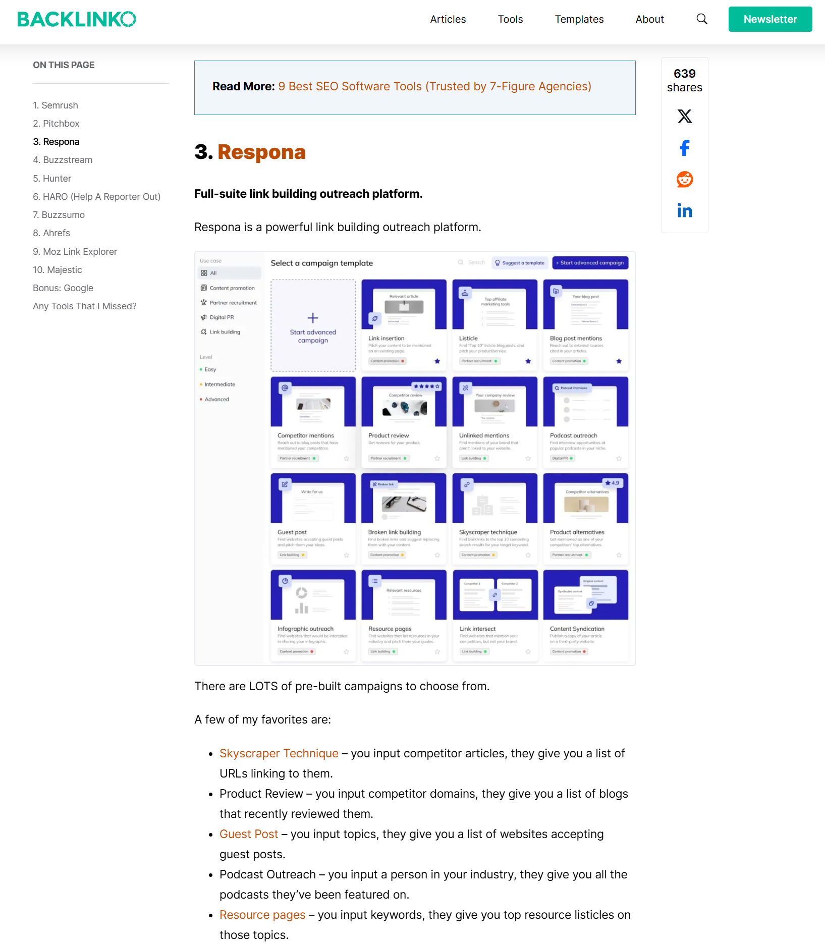 respona placement on backlinko's link building tools listicle