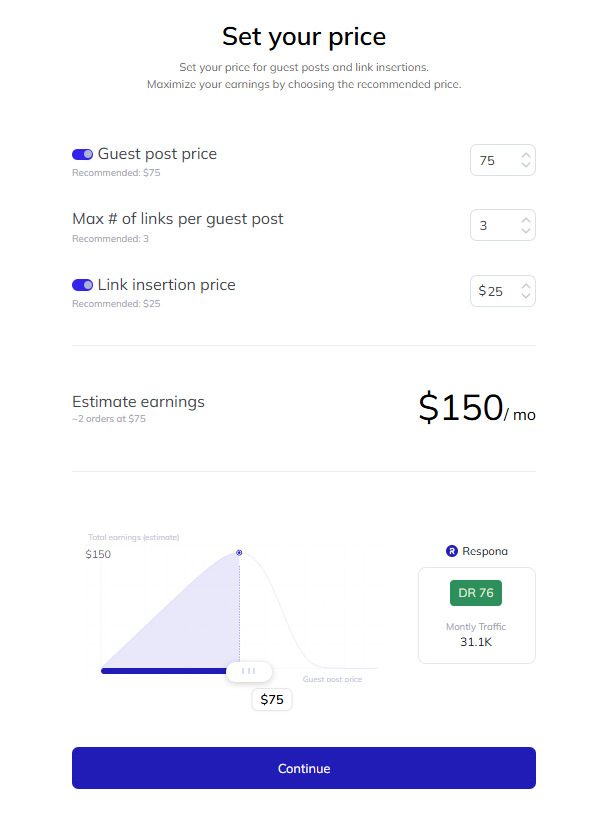 setting your price in respona's publisher portal