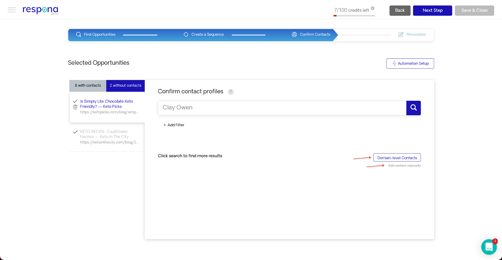 Domain level contacts button