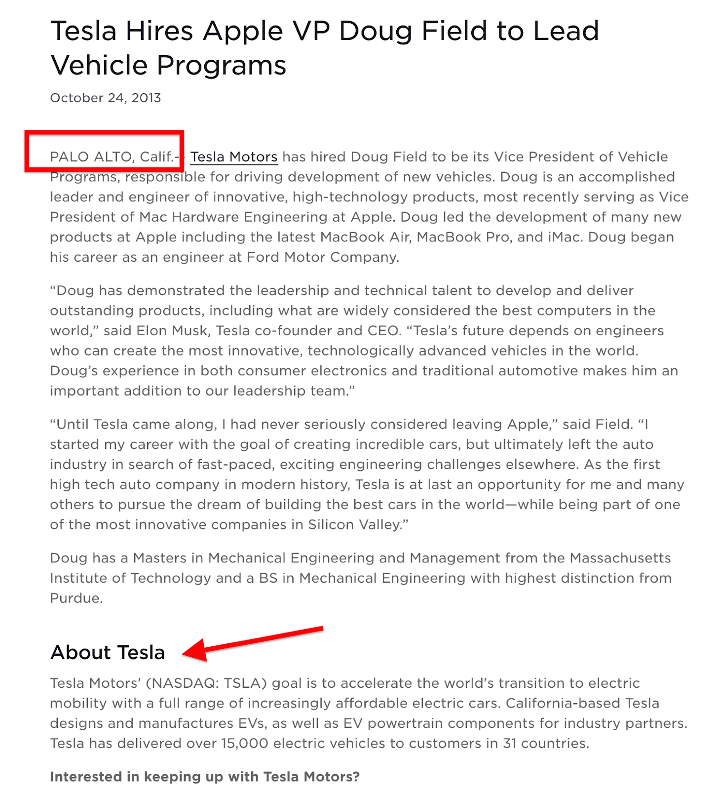 Tesla press release