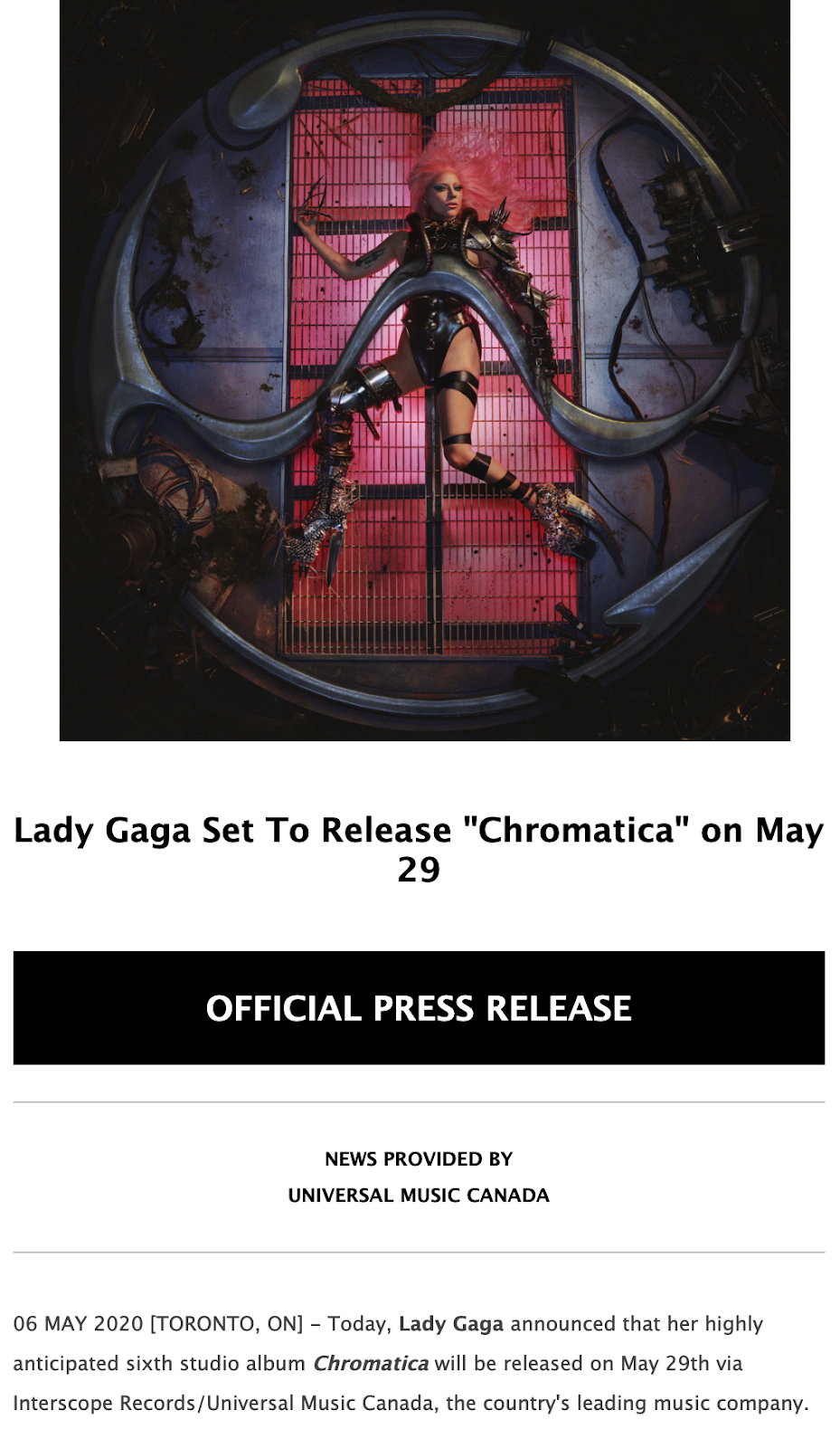 Lady Gaga press release