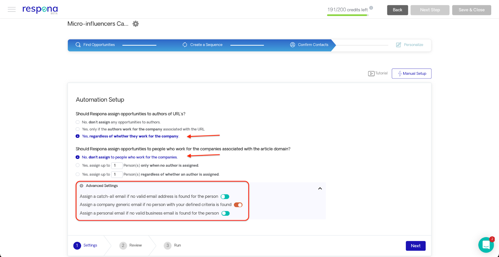Setting up the contact finding automation